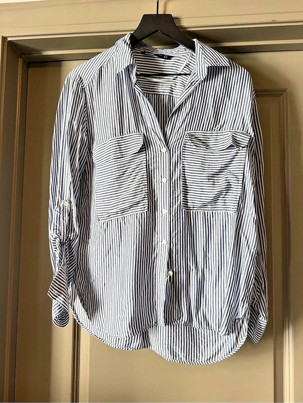 Zara Women's Striped Button Down Shirt in Blue & White